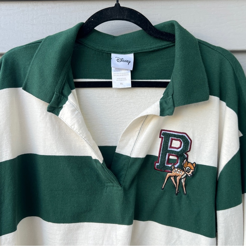 Disney Bambi Cropped Rugby Top XL Stripe Varsity Green White Long Sleeves - Picture 2 of 11